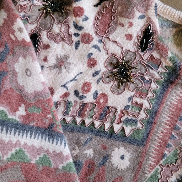 Vintage pink boho paisley print beaded embroidered mohair sweater - Picture 4 of 5